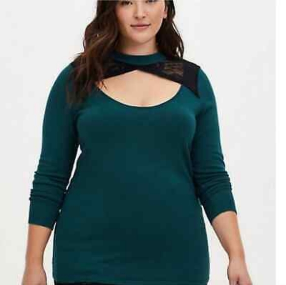 torrid Sweaters - Green Sweater with Black Lace by Torrid